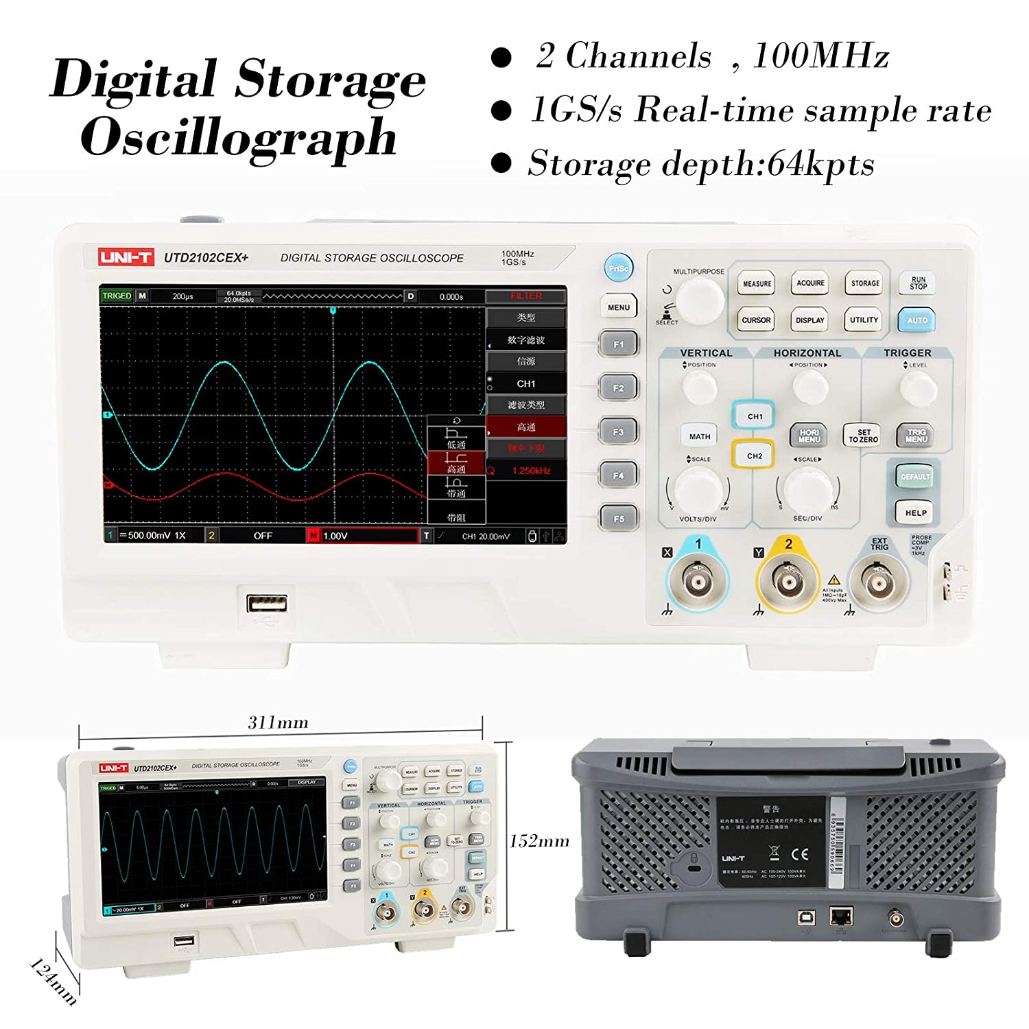 UTD2102CEX+ Osiloskop Penyimpa - Digital Storage Oscilloscope 100Mhz ulasan dan harga